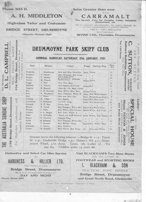 Drummoyne Park Skiff Race Programme 1921 © Drummoyne Sailing Club http://www.drummoynesailingclub.com.au/
